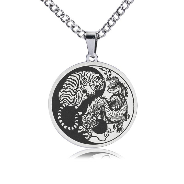 Buddha Stones Tiger Dragon Titanium Steel Chain Necklace Harmony Pendant - Silver - image 4