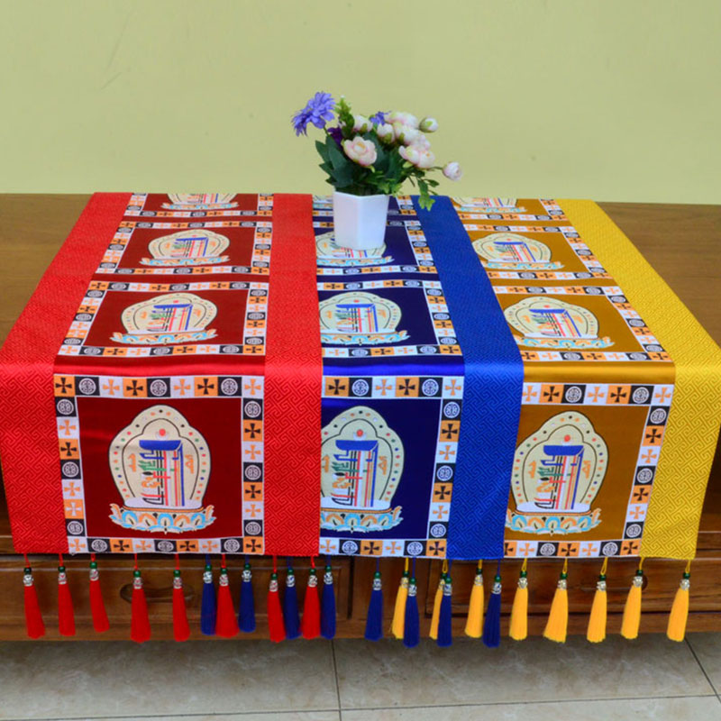 Buddha Stones Prayer Altar Mat Man-Bcu Kalachakra Endless Knot Vajra Tibetan Auspicious Symbols Tassels Table Runner - image 1