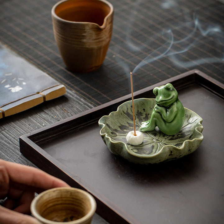 Buddha Stones Leaf Meditation Frog Pattern Healing Ceramic Incense Burner Decoration - image 25