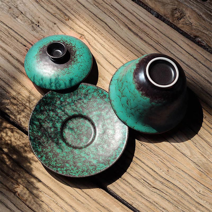 Buddha Stones Retro Green Glaze Ceramic Gaiwan Sancai Teacup Kung Fu Tea Cup And Saucer With Lid - image 2