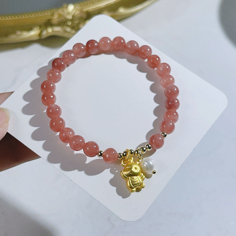 Buddha Stones Year of the Dragon Strawberry Quartz Dragon Pearl Charm Protection Bracelet - image 1