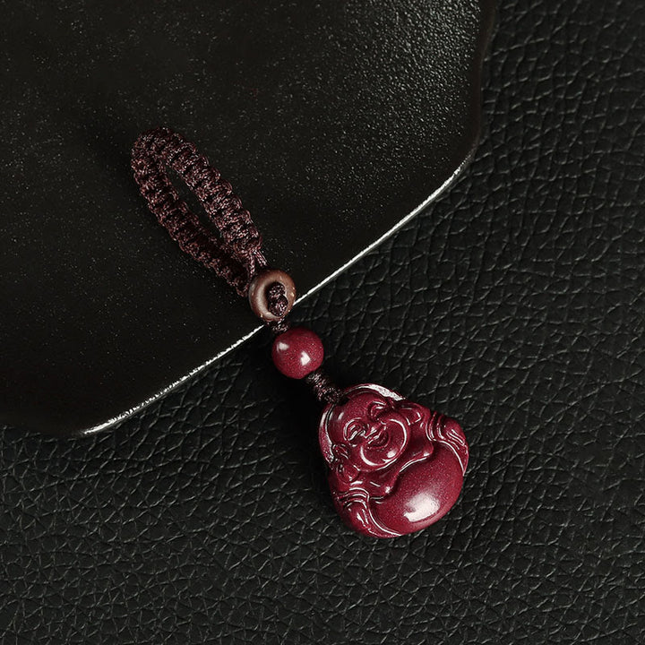 Buddha Stones Laughing Buddha Cinnabar Blessing Necklace Pendant Phone Hanging Decoration Key Chain - Key Chain - Brown - image 7