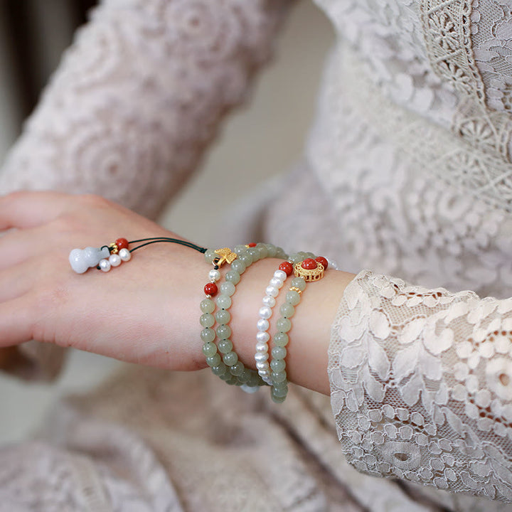 Buddha Stones 925 Sterling Silver Plated Gold Natural Hetian Jade Pearl Butterfly Gourd Luck Bracelet - image 3