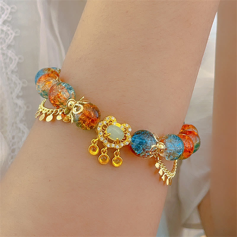 Buddha Stones Colorful Liuli Glass Bead Chinese Lock Charm Fortune Bracelet - image 3