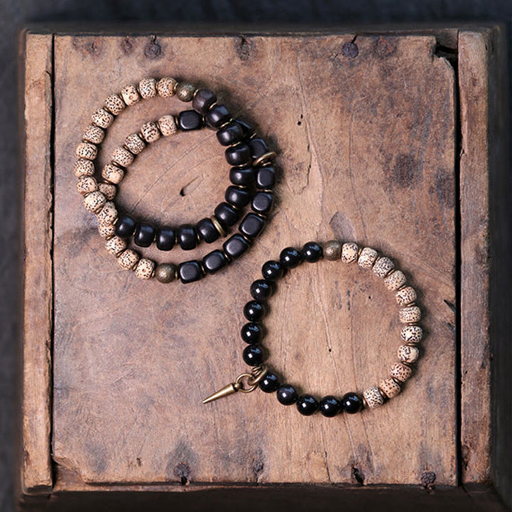 Buddha Stones Tibetan Bodhi Seed Black Obsidian Ebony Wood Copper Peace Bracelet - image 2
