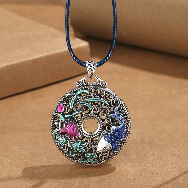 Buddha Stones Koi Fish Lotus Peace Buckle Fu Character Wealth Luck Necklace Pendant - Lotus Carp&Leather Rope - image 5