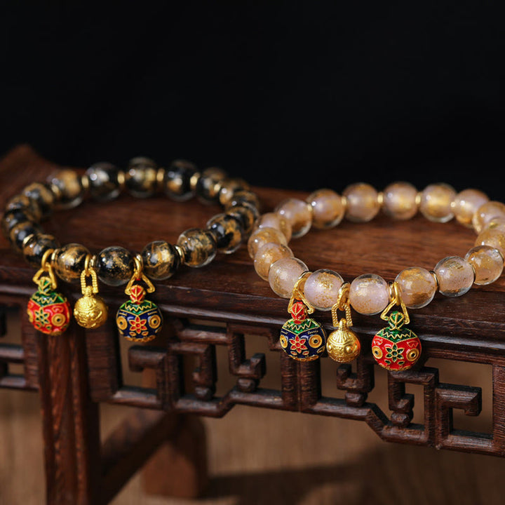 Buddha Stones Gold Swallowing Beast Family Charm Gold Silver Foil Liuli Glass Bead Blessings Bracelet - image 6