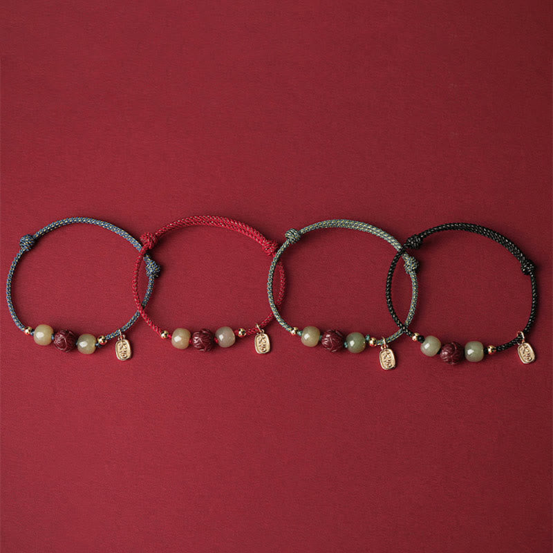 Buddha Stones 14K Gold Plated Hetian Jade Cinnabar Lotus Luck Handcrafted Rope Bracelet - image 13