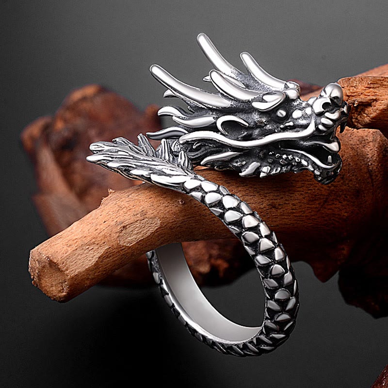 Buddha Stones 990 Sterling Silver Vintage Dragon Design Luck Protection Strength Adjustable Ring - image 1