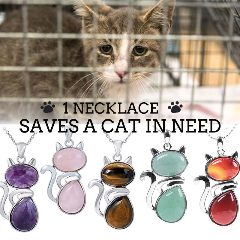 "Save A Cat" Cute Cat Pattern Natural Crystal Protection Cat-Loving Pendant Necklace - image 0