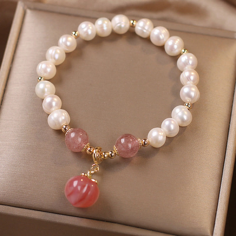 Buddha Stones Natural Pearl Strawberry Quartz Peach Love Heart Wisdom Charm Bracelet - image 2