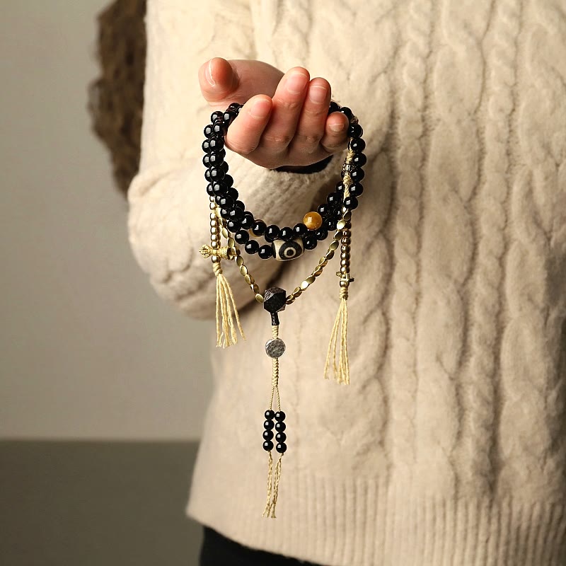 Buddha Stones Tibetan 108 Mala Beads Black Onyx Three-eyed Dzi Beads Protection Bracelet - image 1