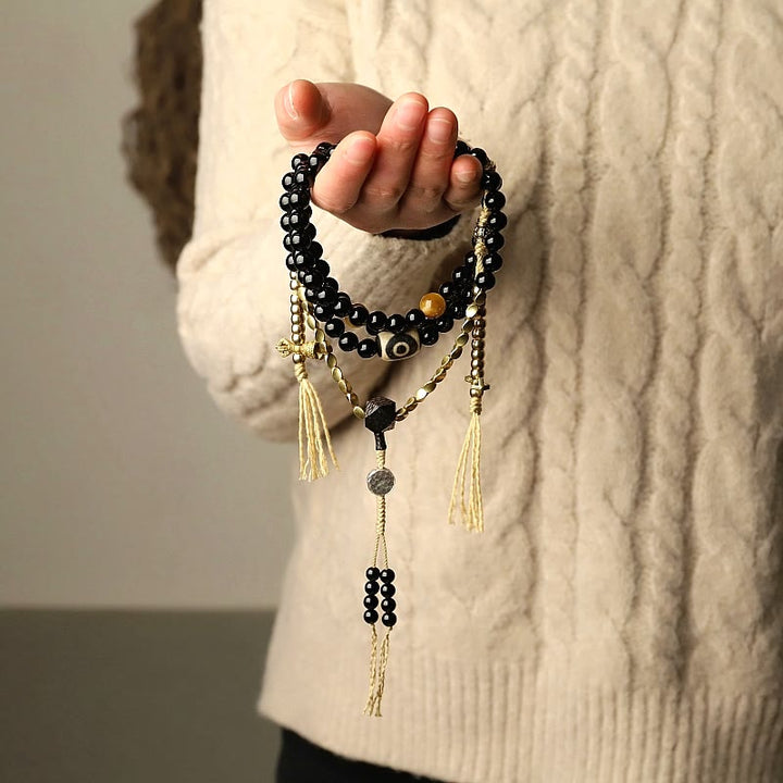 Buddha Stones Tibetan 108 Mala Beads Black Onyx Three-eyed Dzi Beads Protection Bracelet - image 1