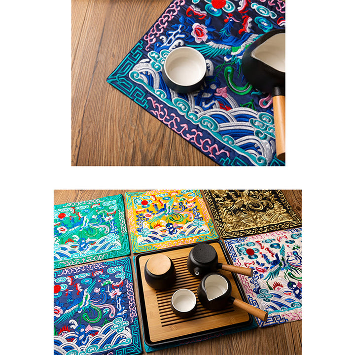 Buddha Stones Phoenix Dragon Kirin Embroidery Cup Mat Pad Tea Cup Coaster Kung Fu Tea Mat - image 34