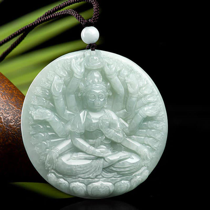 Buddha Stones Thousand-Hand Kwan Yin Avalokitesvara Jade Blessing String Necklace Pendant - image 1