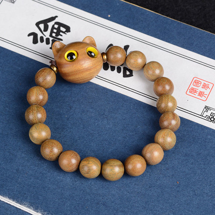 Buddha Stones Ebony Wood Green Sandalwood Red Sandalwood Lovely Cat Balance Bracelet - Green Sandalwood Cat 10mm*15 Beads(Wrist Circumference 14-16cm) - image 3