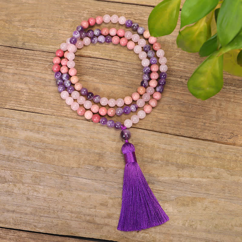 Buddha Stones 108 Mala Beads Amethyst Rose Quartz Spiritual Healing Tassel Bracelet - image 8