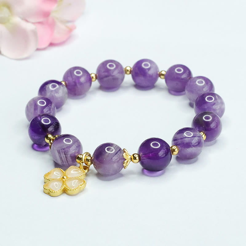 Buddha Stones Natural Amethyst Crystal Inner Peace Four Leaf Clover Charm Bracelet - image 7