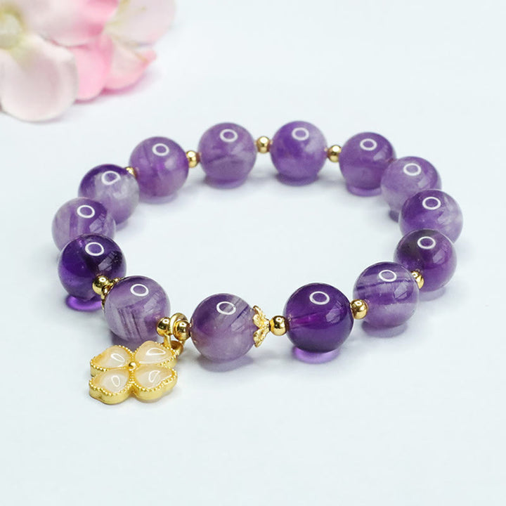 Buddha Stones Natural Amethyst Crystal Inner Peace Four Leaf Clover Charm Bracelet - image 7