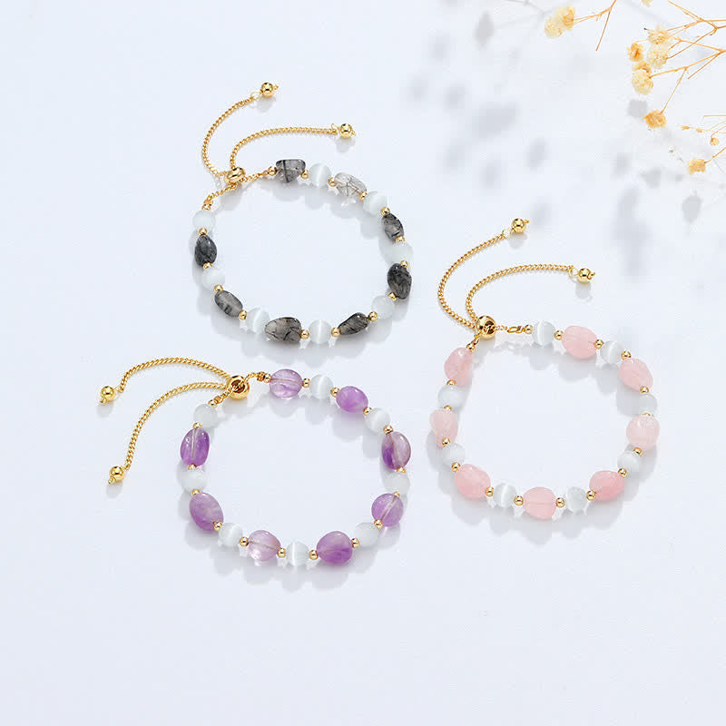 Buddha Stones Amethyst Pink Crystal Black Rutilated Quartz Spiritual Awareness Bracelet - image 1