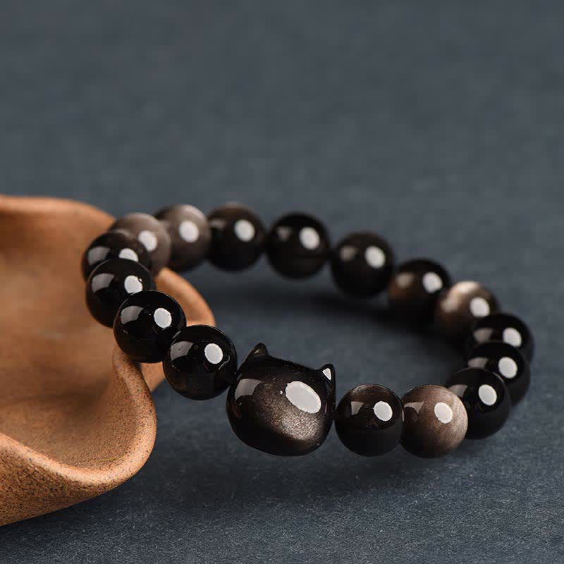 Buddha Stones Gold Sheen Obsidian Silver Sheen Obsidian Lovely Paw Lucky Cat Protection Bracelet - Silver Sheen Obsidian - Cat Head - 10mm - image 30