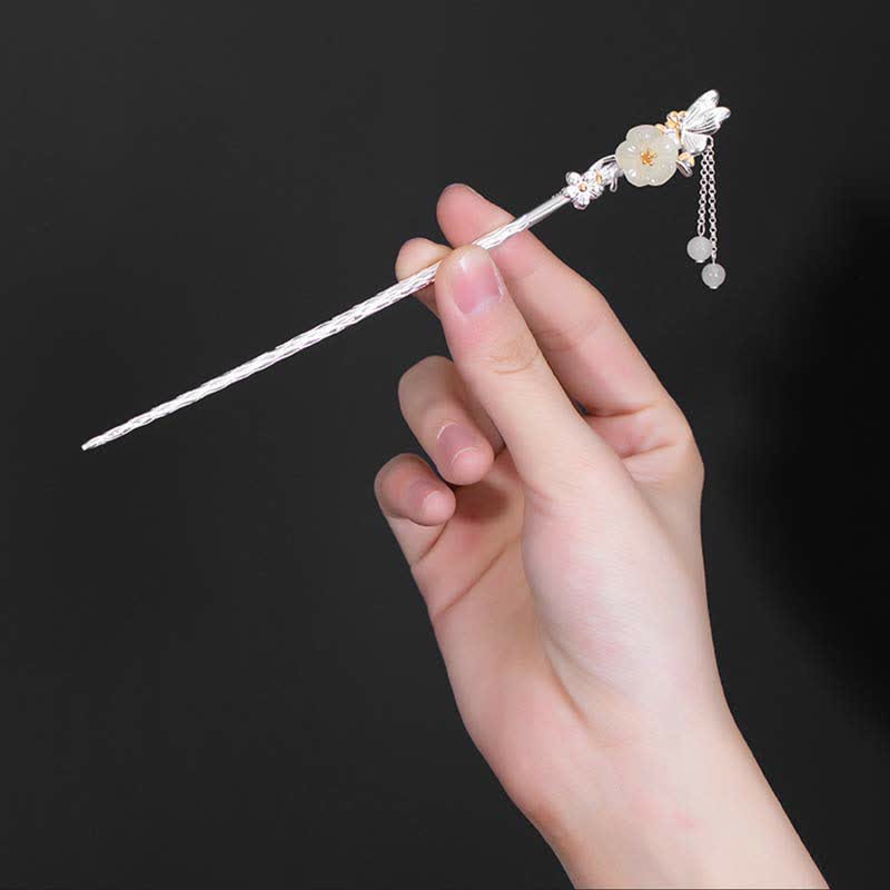 Buddha Stones 925 Sterling Silver Hetian White Jade Flower Blessing Hairpin - image 2