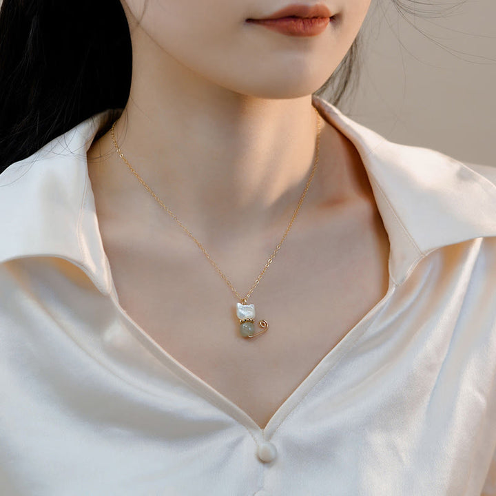 Buddha Stones 14K Gold Plated Pearl Hetian Jade Shell Luck Cat Kitten Necklace Pendant - image 6
