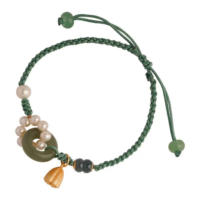 Buddha Stones Natural Hetian Jade Peace Buckle Pearl Luck Handcrafted Braided Bracelet - image 7