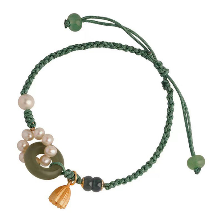 Buddha Stones Natural Hetian Jade Peace Buckle Pearl Luck Handcrafted Braided Bracelet - image 7