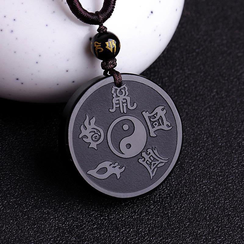 Buddha Stones Natural Black Obsidian Taoism Five Sacred Mountains Nine-Character Mantra Carved Strength Yin Yang Necklace Pendant Key Chain - Black Obsidian&String - image 0