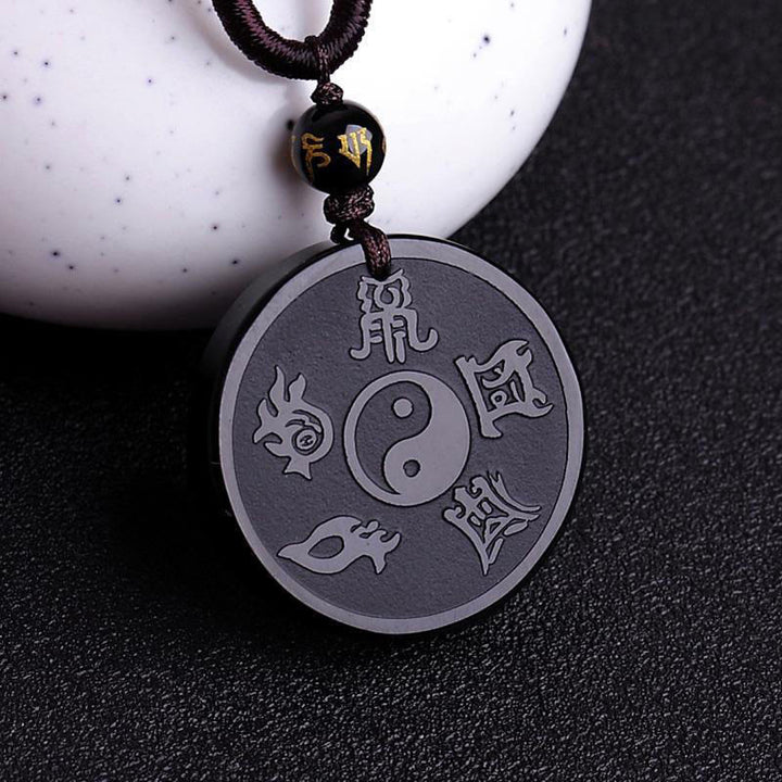 Buddha Stones Natural Black Obsidian Taoism Five Sacred Mountains Nine-Character Mantra Carved Strength Yin Yang Necklace Pendant Key Chain - Black Obsidian&String - image 0