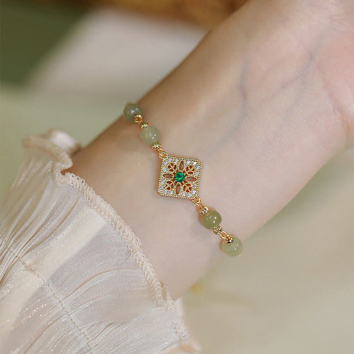 Buddha Stones Natural Hetian Jade Bead Square Pattern Luck Chain Bracelet - image 11