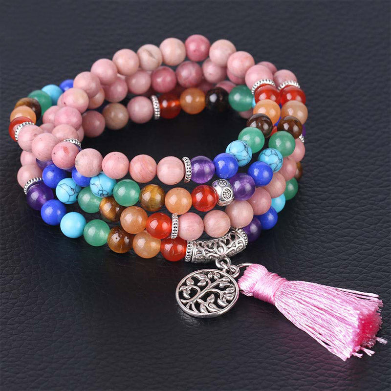 Buddha Stones 108 Mala Beads Rhodonite Blue Crystal Lazulite Healing Bracelet - image 1