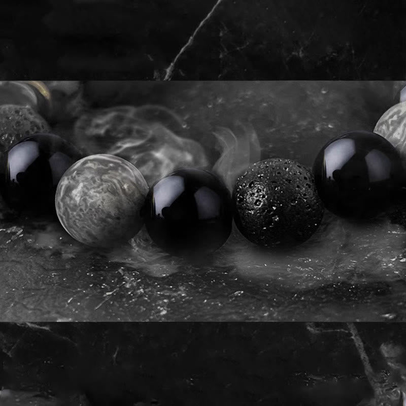 Buddha Stones Black Obsidian Lava Rock Stone Yin Yang Strength Bracelet - image 15