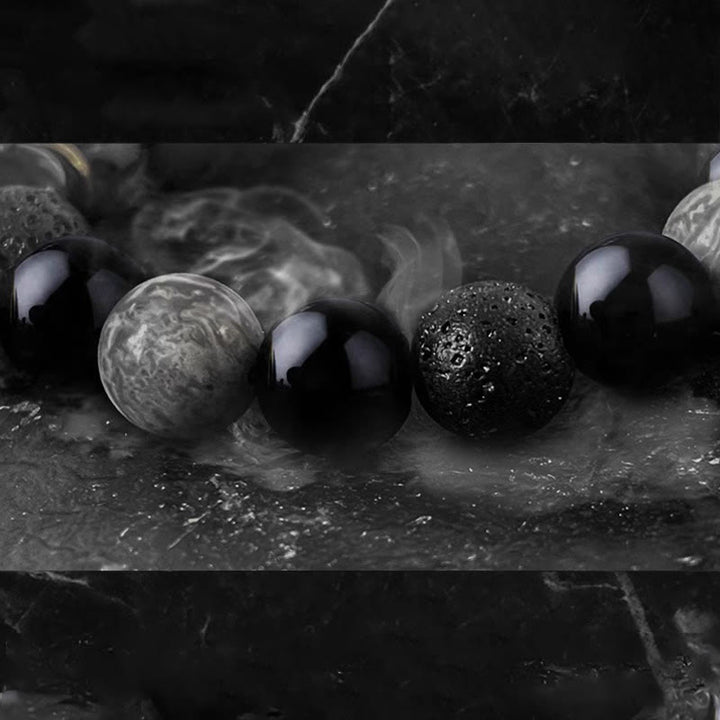 Buddha Stones Black Obsidian Lava Rock Stone Yin Yang Strength Bracelet - image 15