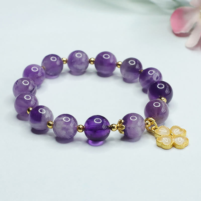 Buddha Stones Natural Amethyst Crystal Inner Peace Four Leaf Clover Charm Bracelet - image 6