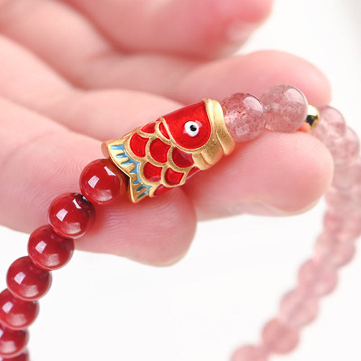 Buddha Stones Natural Strawberry Quartz Cinnabar Lucky Koi Fish Healing Bracelet - image 8