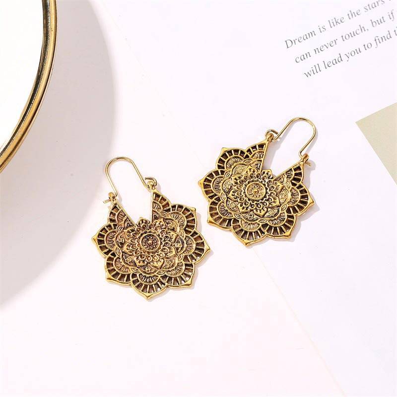 Buddha Stones Tibetan Lotus Engraving Copper Blessing Drop Earrings - image 1