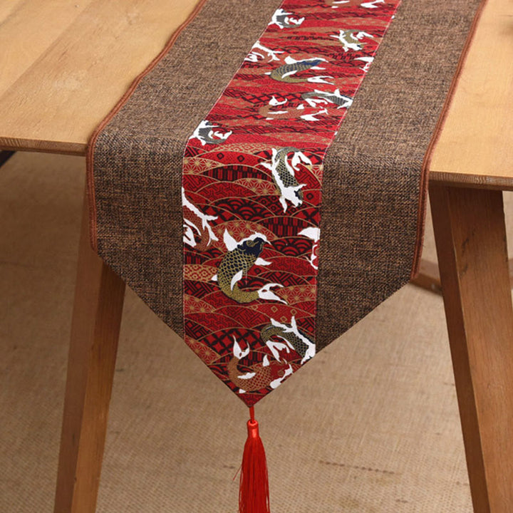Buddha Stones Classic Chinese Style Lotus Koi Fish Flower Crane Calligraphy Enlightenment Cotton Linen Tassels Table Runner - Brown Red Koi Fish - 30*180cm - image 28