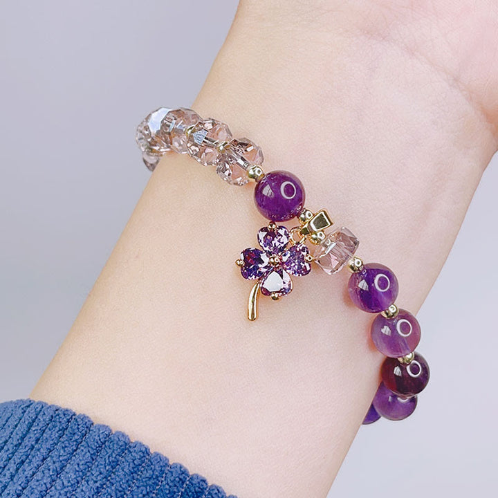 Buddha Stones Amethyst Crystal Four Leaf Clover Healing Charm Bracelet - image 3