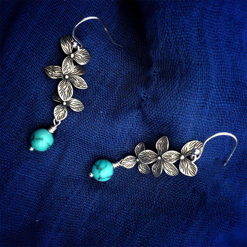 Buddha Stones 925 Sterling Silver Turquoise Lazurite Flower Leaf Serenity Protection Hook Drop Dangle Earrings - image 8