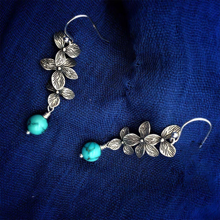 Buddha Stones 925 Sterling Silver Turquoise Lazurite Flower Leaf Serenity Protection Hook Drop Dangle Earrings - image 8