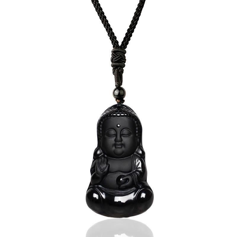 Buddha Stones Natural Black Obsidian Crystal Buddha Strength Protection Amulet Lucky Charm Pendant Necklace - image 0