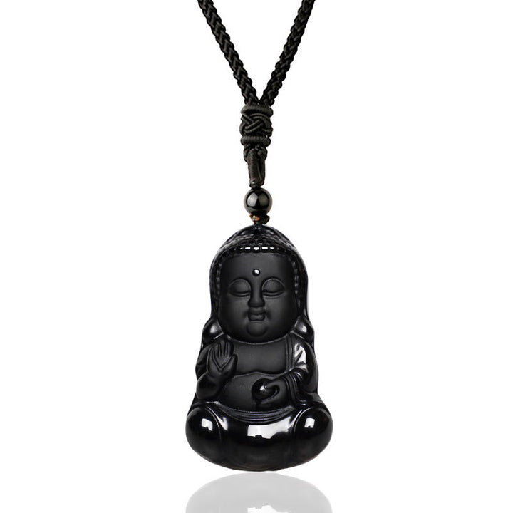 Buddha Stones Natural Black Obsidian Crystal Buddha Strength Protection Amulet Lucky Charm Pendant Necklace - image 0