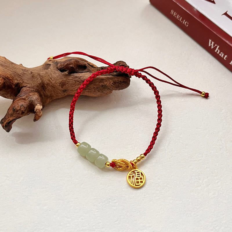 Buddha Stones Handcrafted Jade Bead Fu Character Charm Luck Red Rope Bracelet - 14-22cm - image 0