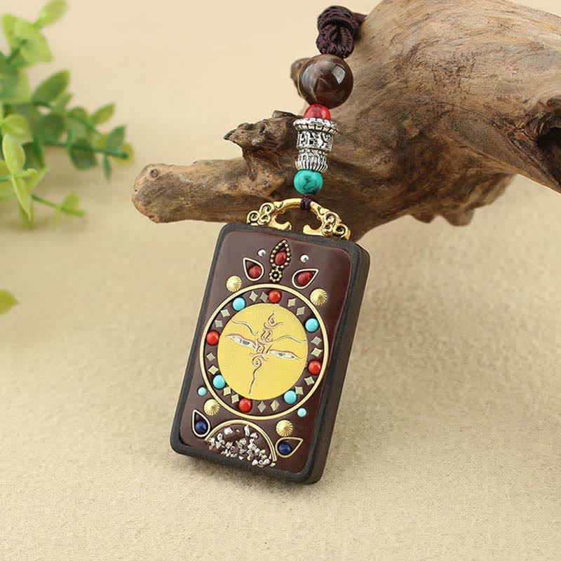 Buddha Stones Tibet God of Wealth Thangka Ebony Peace Necklace Pendant - image 13