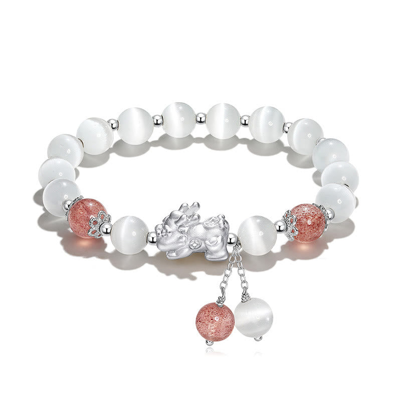 Buddha Stones Natural Cat's Eye Moonstone Strawberry Quartz PiXiu Support Bracelet - Strawberry Quartz&Cat's Eye(Wrist Circumference 14-15cm) - image 13