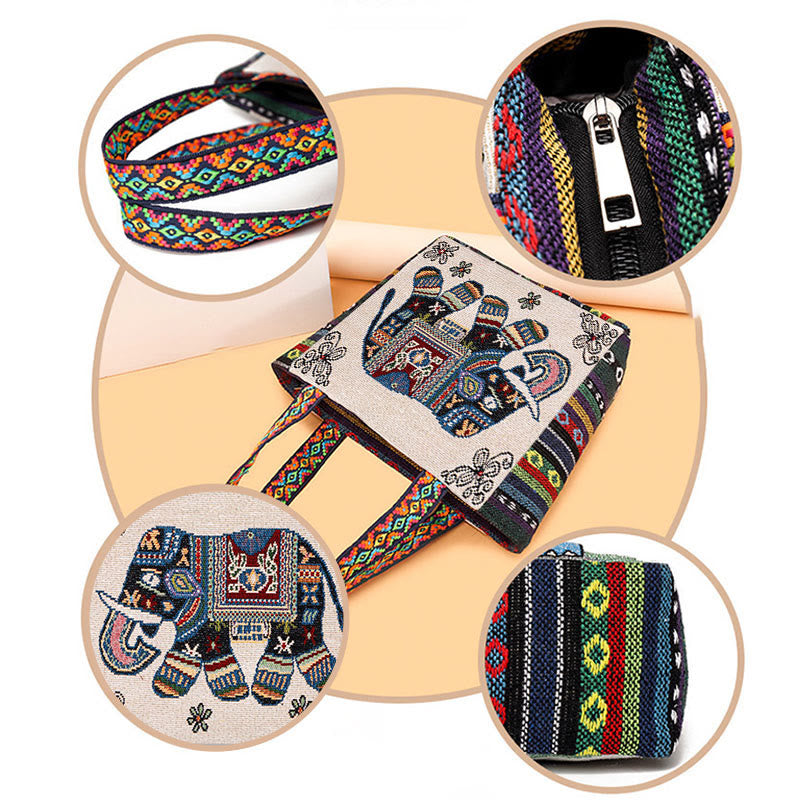 Buddha Stones Elephant Butterfly Embroidered Large Capacity Canvas Tote Bag Shoulder Bag - image 4