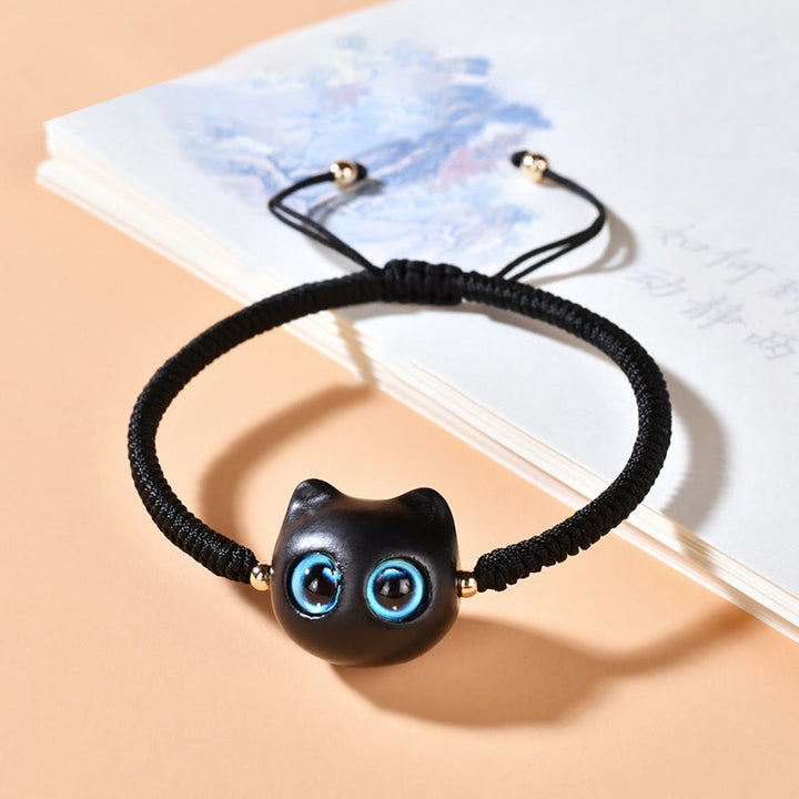 Buddha Stones Ebony Wood Cat Head Pattern Peace King Kong Knot Braided Bracelet - Black Rope(Wrist Circumference 14-18cm) - image 13