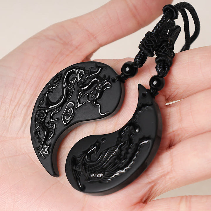 Buddha Stones Black Obsidian Yin Yang Dragon Phoenix Luck Necklace Pendant - image 3